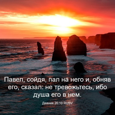 Picture 03 - Деяния 20:10 RUSV - Павел, сойдя, пал на него и, - Bible Verse Picture