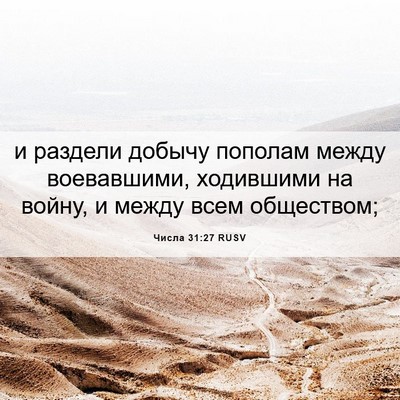 Picture 06 - Числа 31:27 RUSV - и раздели добычу пополам - Bible Verse Picture